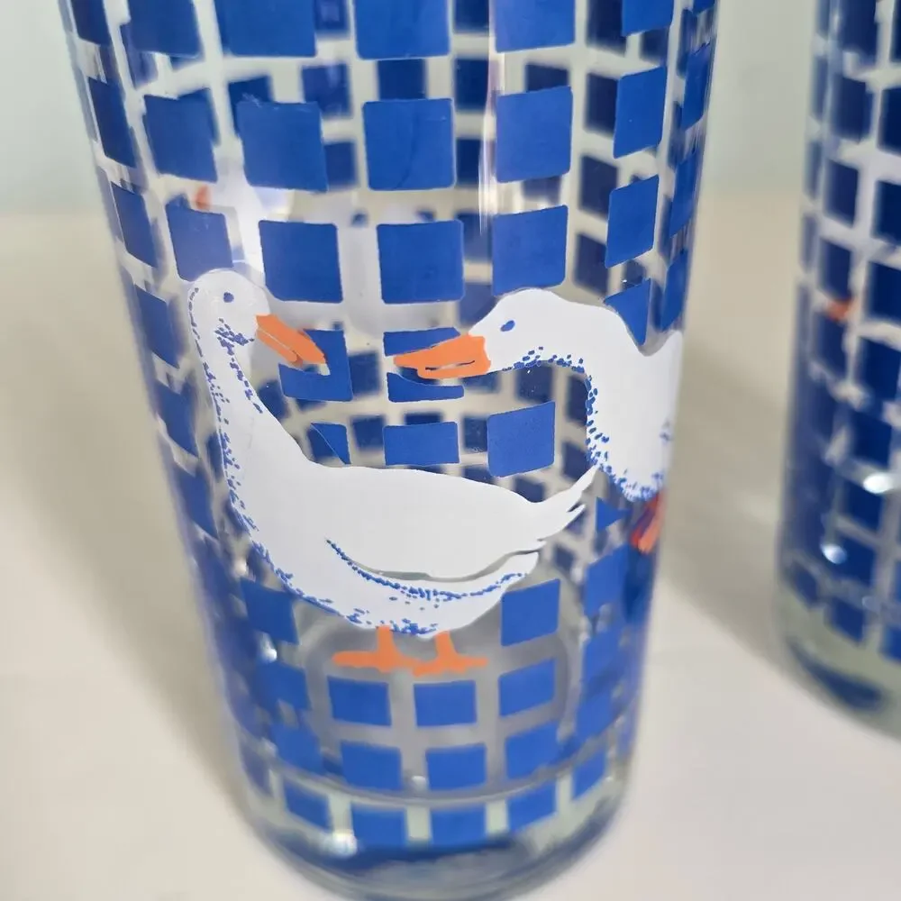 Vintage 80s Carlton White Geese Drinking Glassed Country Blue Checker Farmhouse